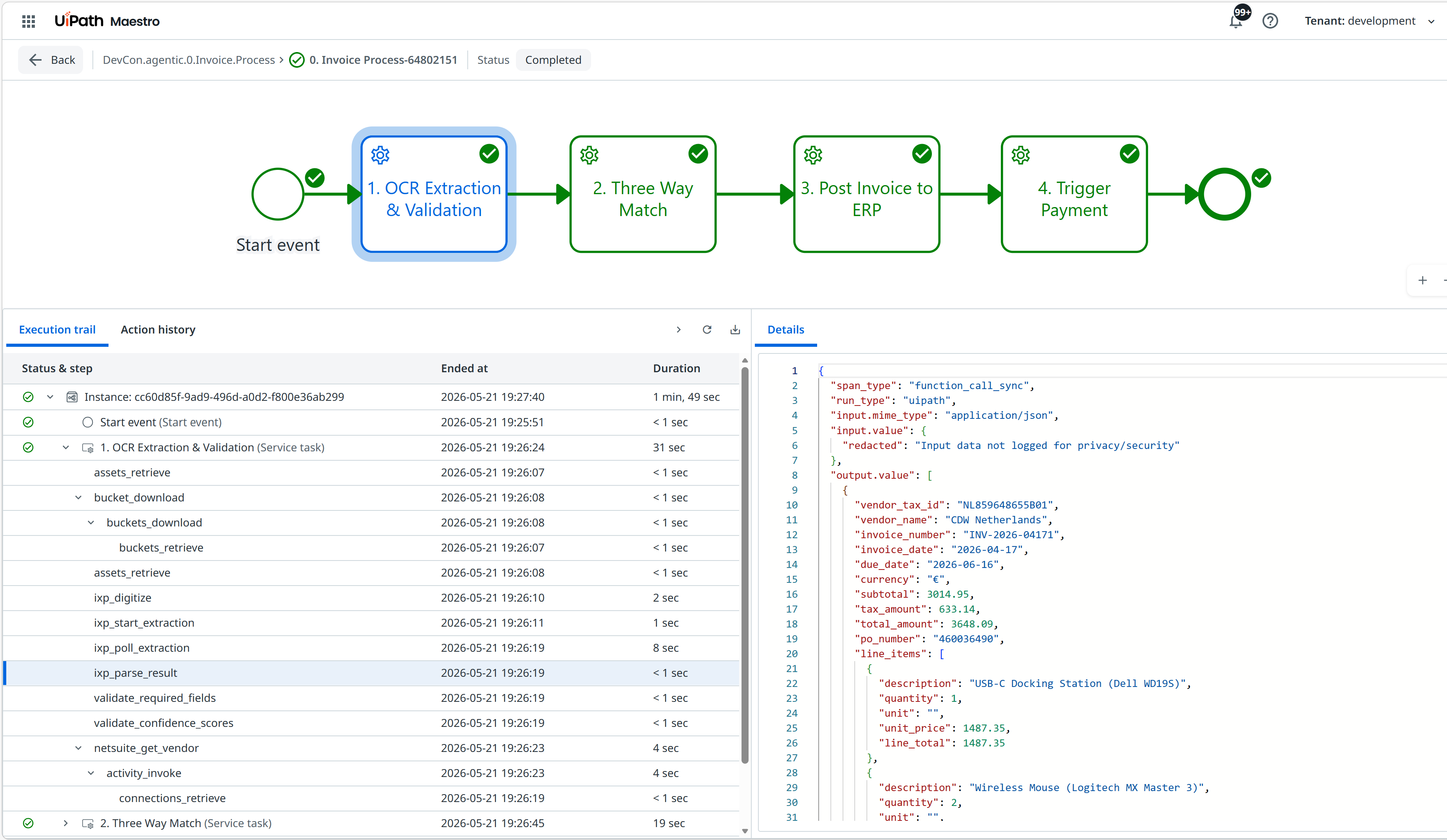 Maestro execution trail showing @traced sub-step spans (assets_retrieve, ixp_digitize, netsuite_get_vendor, etc.) with durations and parent-child nesting under a Service Task