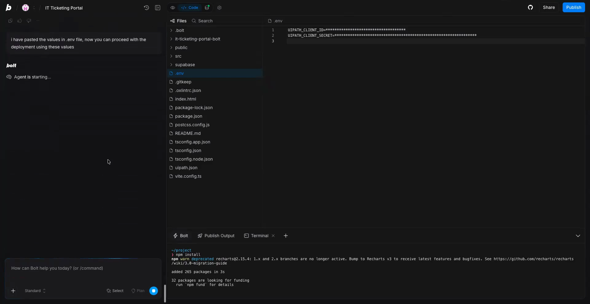 The .env file in Bolt with UIPATH_CLIENT_ID and UIPATH_CLIENT_SECRET, values masked