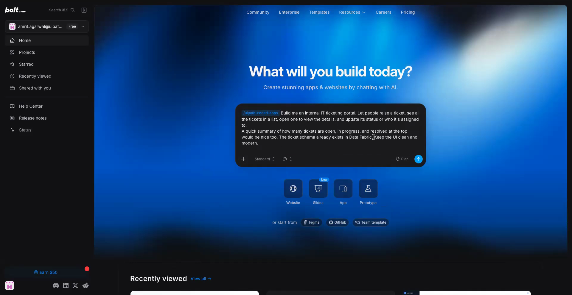 The prompt in Bolt with the skill attached and the app described in plain language