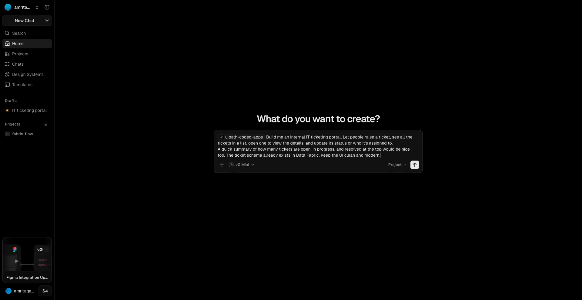 The prompt in v0 with the skill chip and the app described in plain language