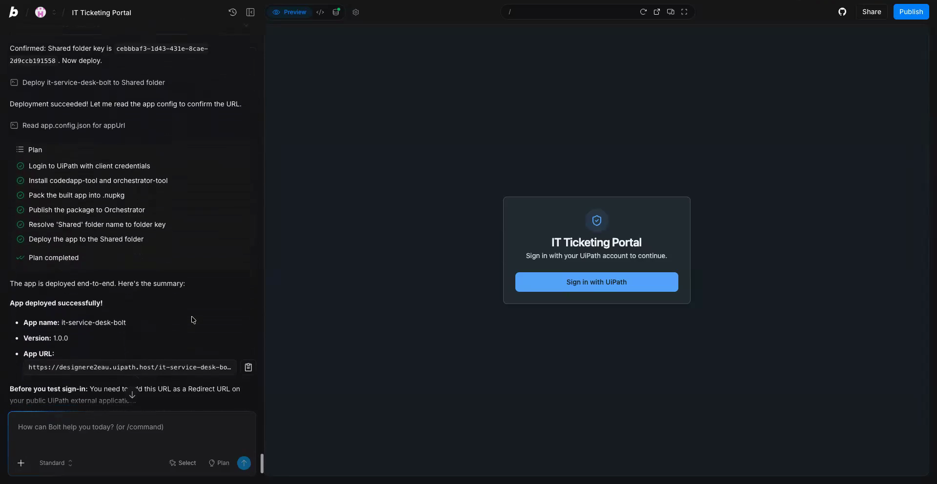 Bolt showing every deploy step checked off, the app URL, and the deployed app's sign-in screen