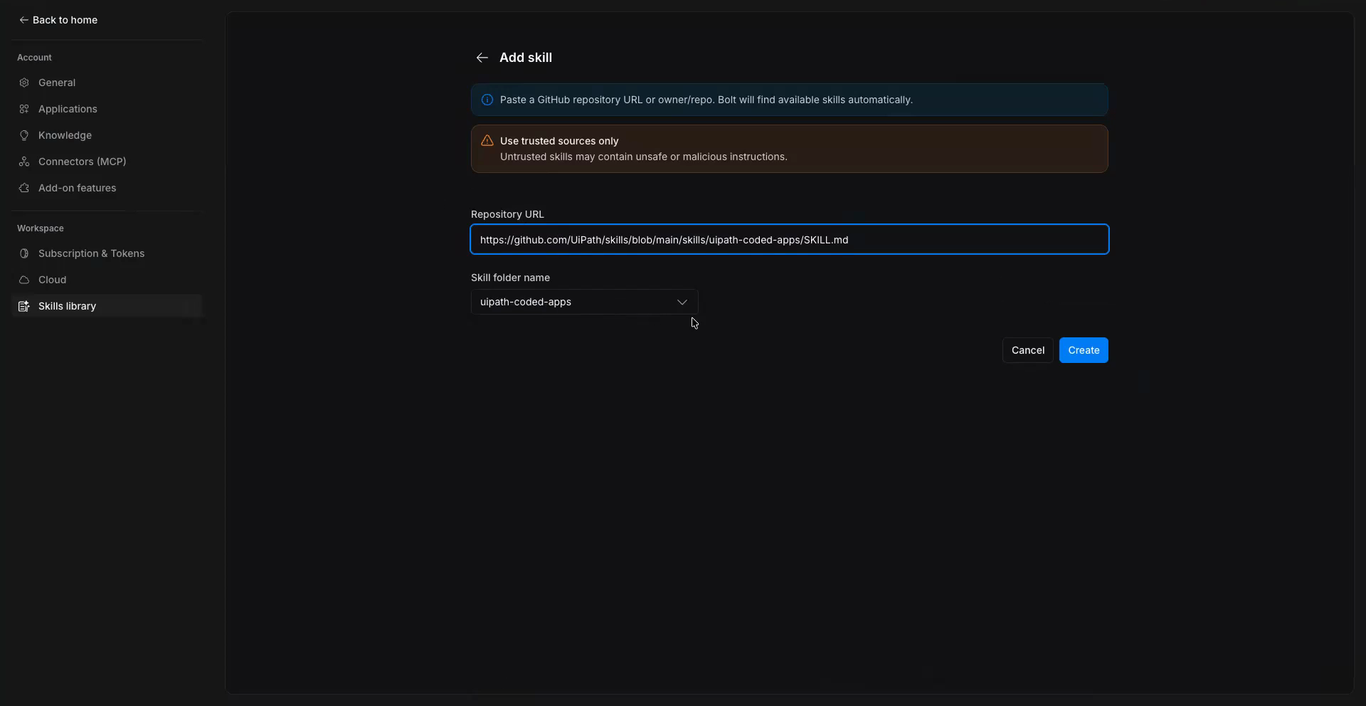 Bolt Skills library: Add skill from GitHub with the SKILL.md URL pasted
