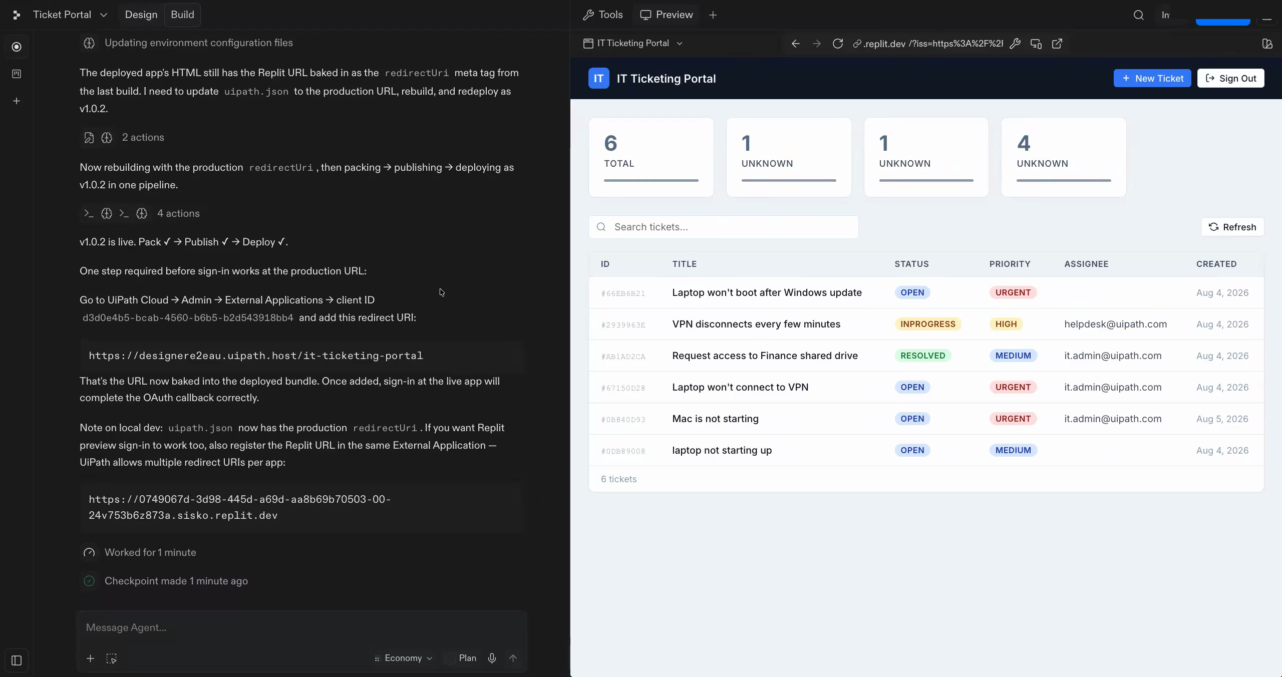 Replit reporting pack, publish and deploy all succeeded, with the deployed portal running alongside it