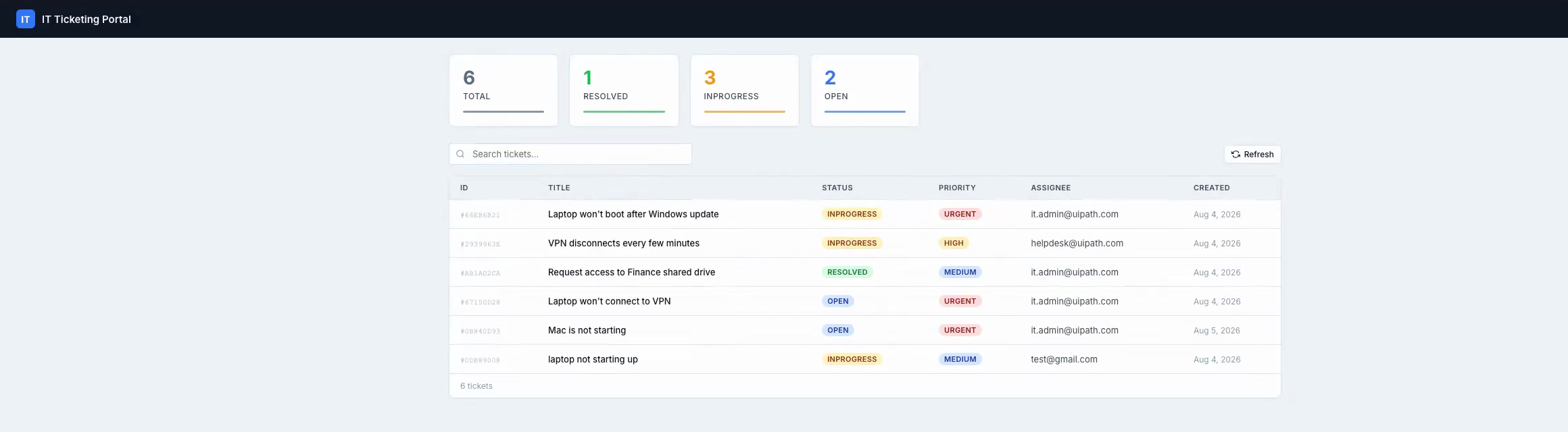 The deployed ticketing app running at its uipath.host URL, signed in and listing real tickets