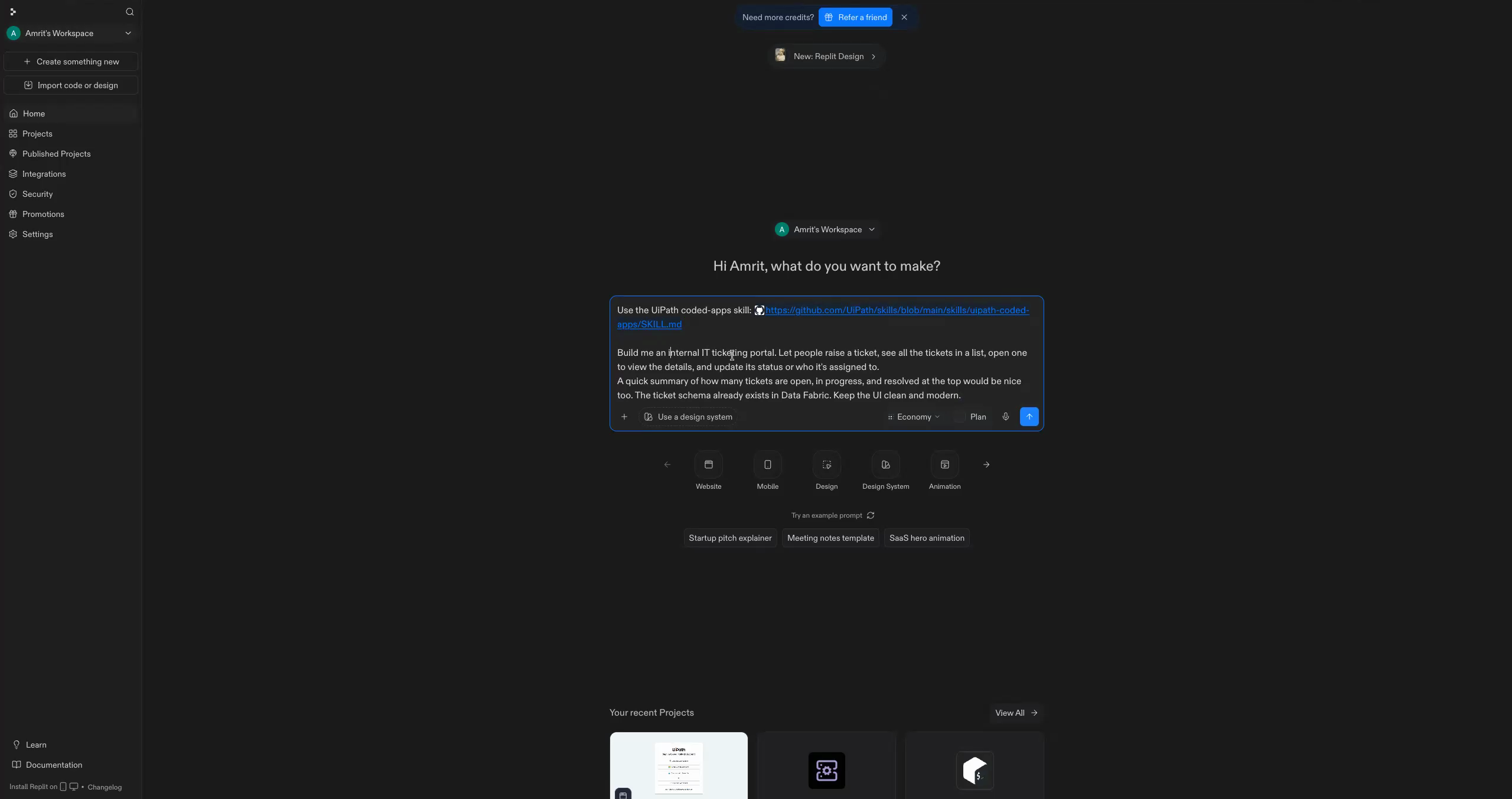 The prompt in Replit with the skill link and the app described in plain language