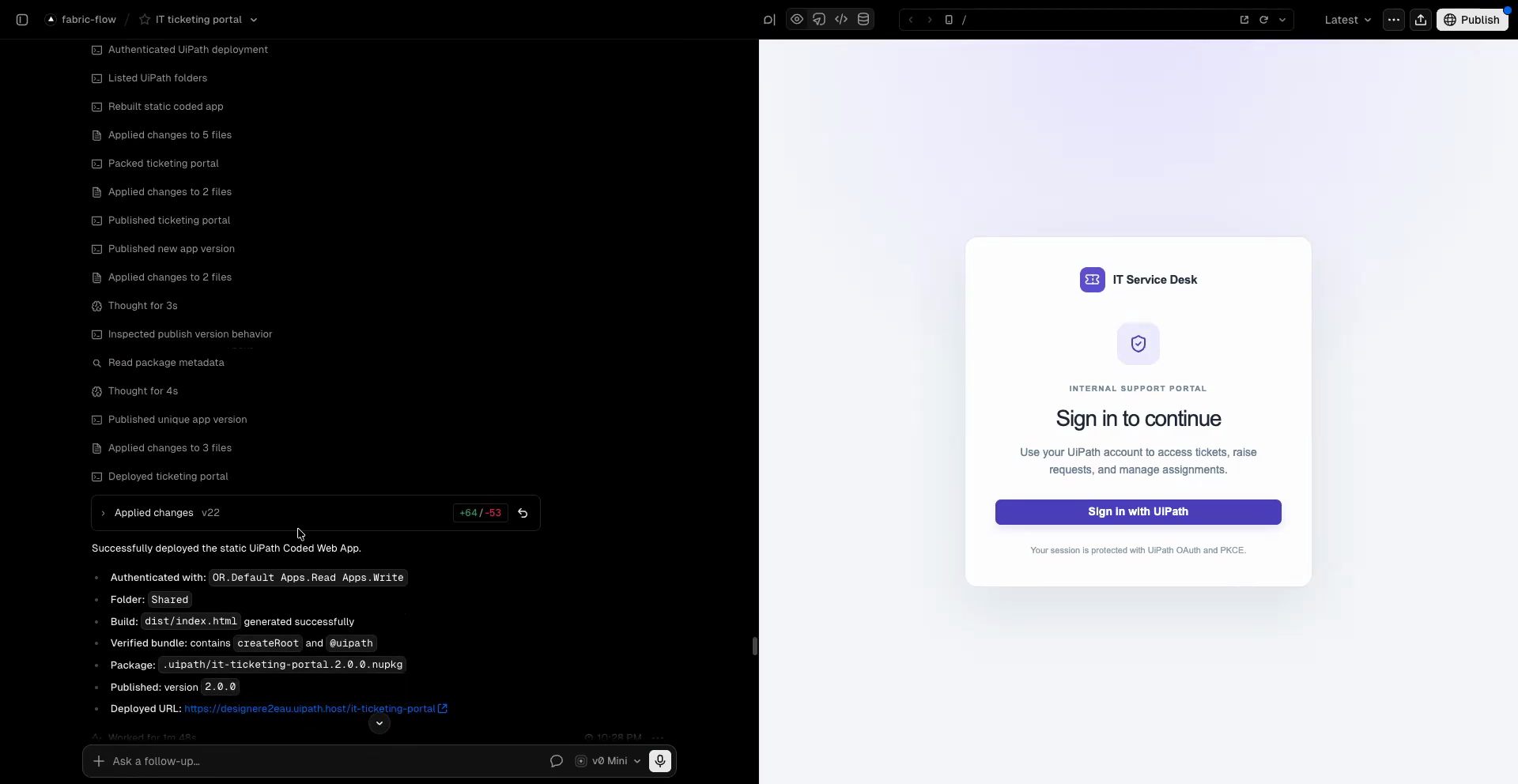 v0 confirming the deploy succeeded, listing the published version and the hosted URL