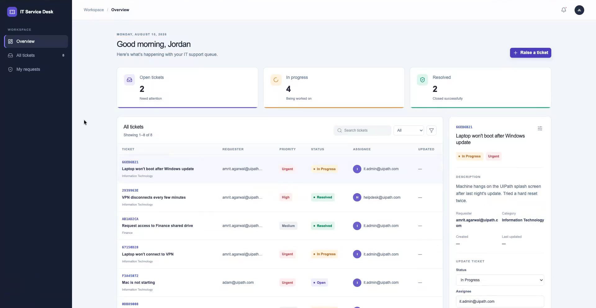 The deployed ticketing app running at its uipath.host URL, signed in and listing real tickets