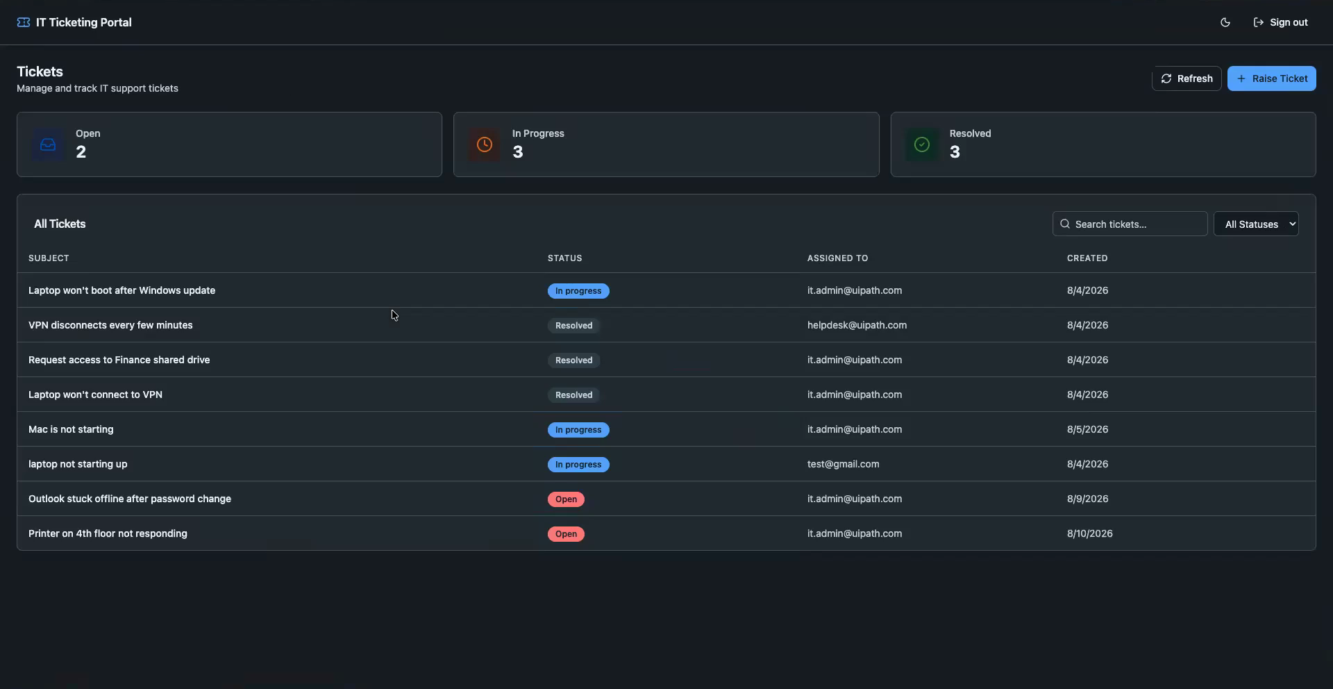 The deployed ticketing app running at its uipath.host URL, signed in and listing real tickets