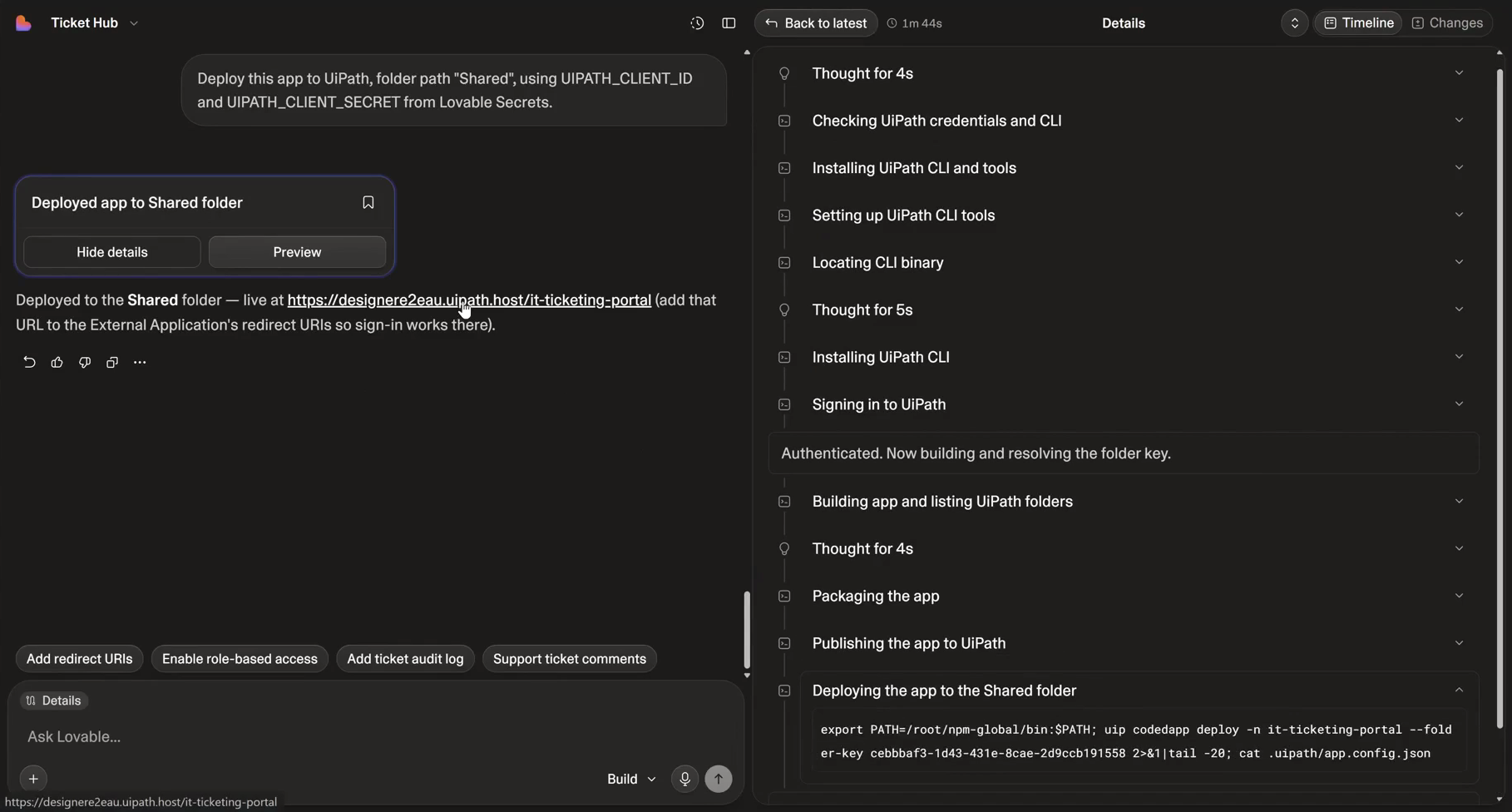 Lovable reporting the app deployed to the Shared folder, with the live URL and each deploy step listed