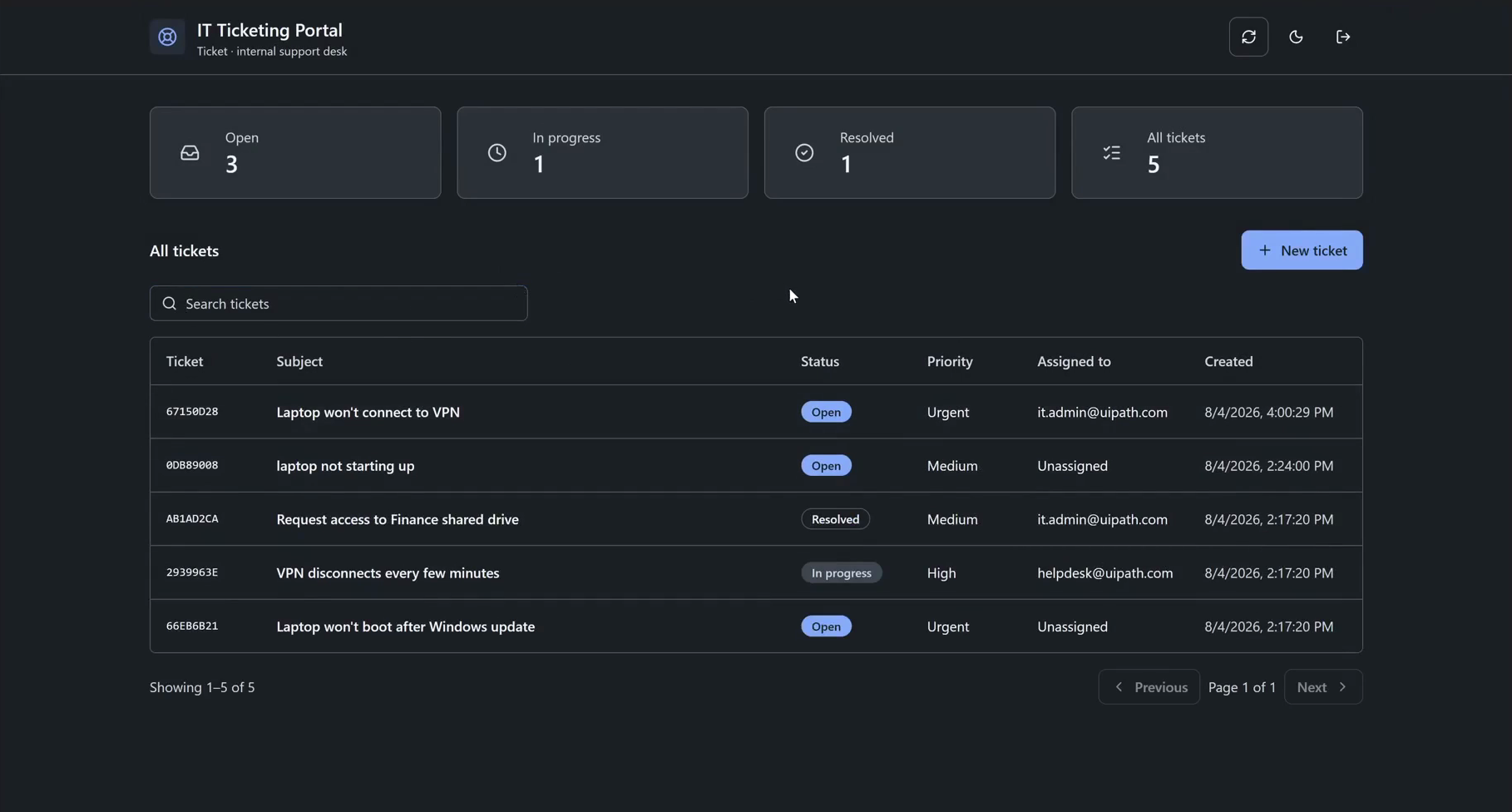 The deployed ticketing app running at its uipath.host URL, signed in and listing real tickets