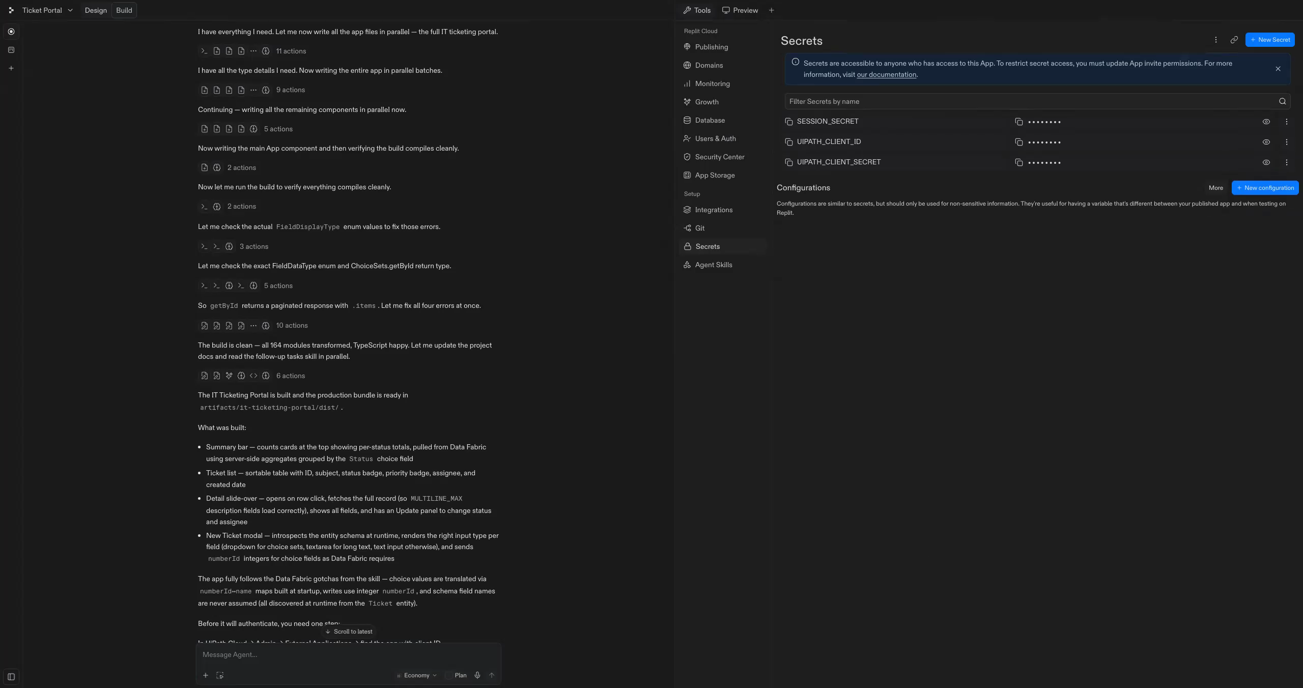 Replit's Secrets pane with UIPATH_CLIENT_ID and UIPATH_CLIENT_SECRET added, their values hidden