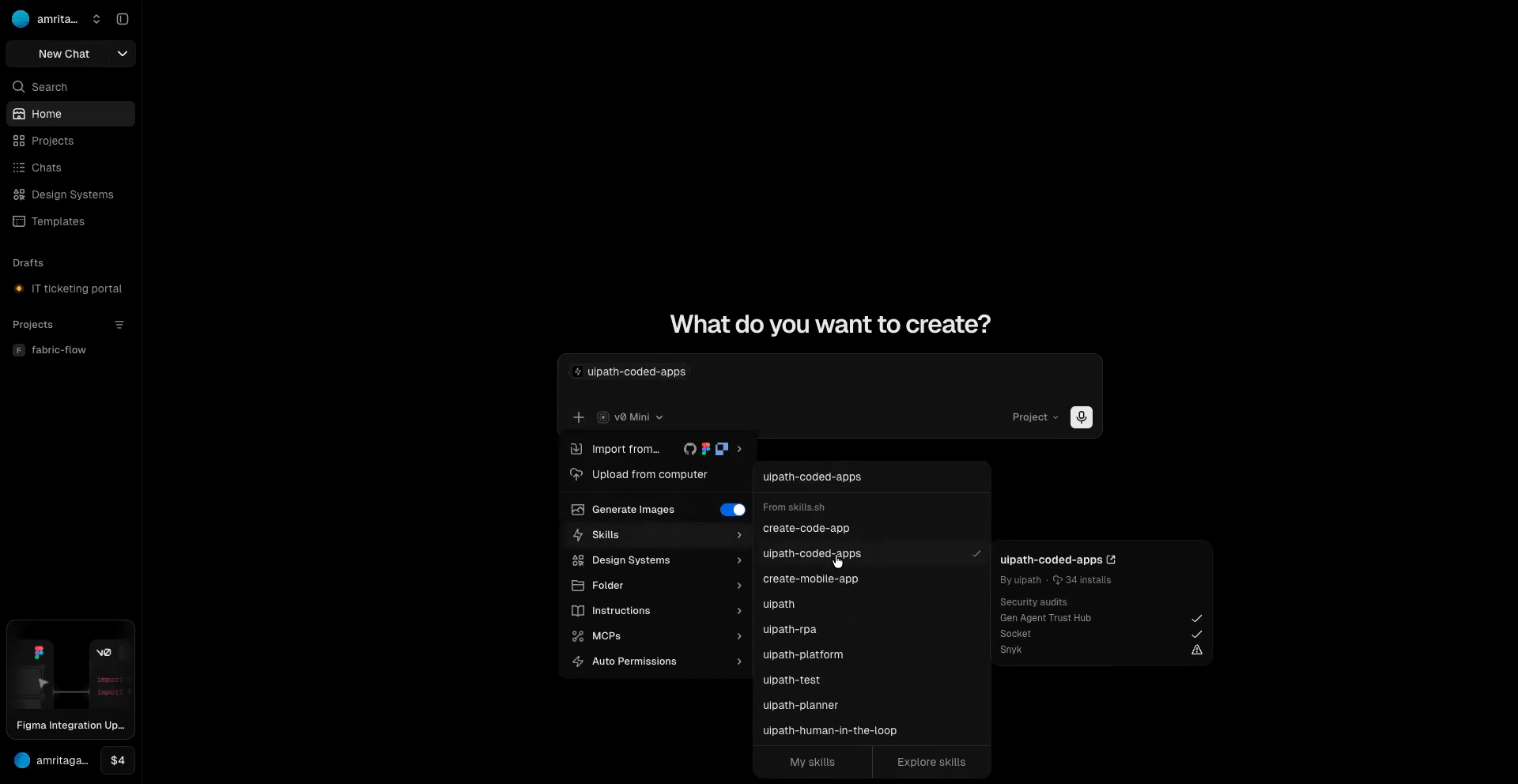v0's add menu open on Skills, with uipath-coded-apps selected